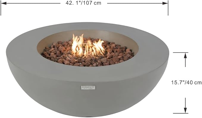 Elementi Lunar Bowl Fire Pit Bundle Outdoor Includes 42” Propane Concrete Firepit, Glass Windscreen, Stainless Steel Cover, Tank & Canvas Cover, Floor Mat and Beverage Tub