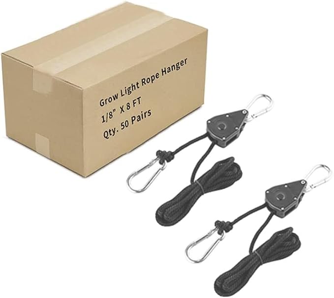 Grow Light Rope Hanger 50Pairs,1/8" 8-Feet Long Heavy Duty Adjustable Rope Clip Hanger, Adjustable Rope Ratchet Hangers 150 Lbs per Pair Used with Grow Light, Grow Bags