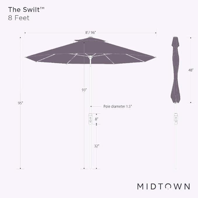 Midtown Umbrellas The Swilt 8 Feet Patio Umbrella in Terylast Matter (Grey) Polyester Fabric - Fiberglass Ribs, Auto-Tilt Aluminum Frame For Backyard, Deck, Garden, Pool - White Pole