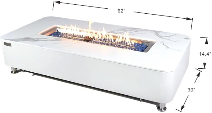 Elementi+ | Bundle Athens Gas Fire Pit | Concrete Body & Marble Porcelain Top | 62" Rectangular Fire Table | Electronic Ignition | Canvas Cover, Fire Glass, Burner Lid & More | White | Propane Gas