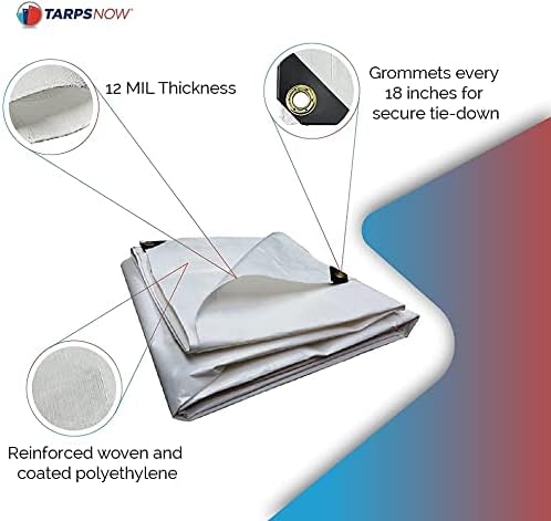 Tarps Now 16x20 Feet Poly Tarp |12 MIL Heavy Duty Waterproof Cover |Rip and Tear Proof Plastic Tarp with Rustproof Aluminum Grommets & Reinforced Edges |Ideal for Roof Repairs, Landscaping-White