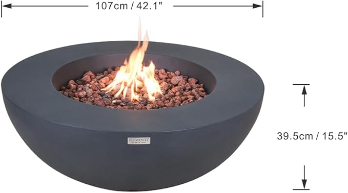 Elementi Lunar Bowl Dark Grey Fire Pit Bundle Outdoor Firepit Set Includes 42” Natural Gas Concrete Firepit, Glass Windscreen, Stainless Steel Cover, Canvas Cover, Floor Mat and Beverage Tub