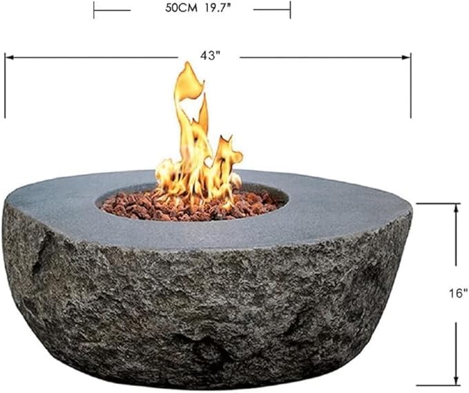 Elementi | Bundle Boulder Gas Fire Pit Cast Concrete Semi-Round Fire Table, Outdoor Fire Pit Electronic Ignition | Canvas Cover, Lava Rock Included | Propane Gas
