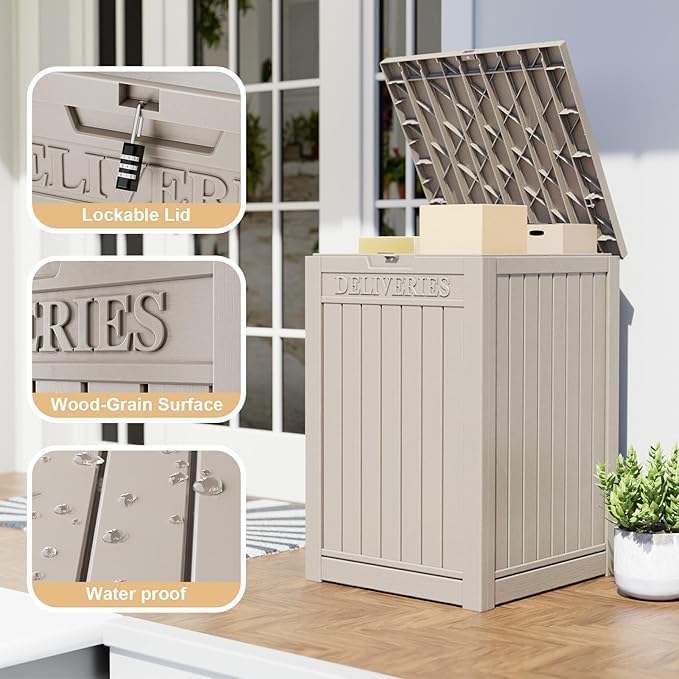 48 Gallon Resin Package Delivery Box - Rust & Moisture Resistant, Lockable, Waterproof Deck Box for Porches, Patios, Indoor & Outdoor Use(Grey,48GAL)