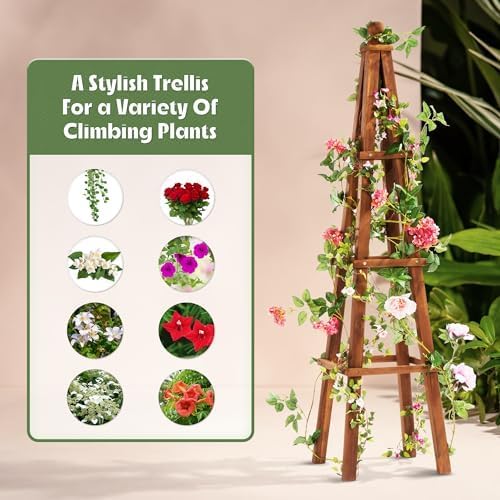 Idzo 61-Inch Wood Obelisk Trellis for Climbing Plants β Heavy-Duty Wooden Garden Trellis for Outdoor & Indoor Decor, Easy Assembly, Space-Saving Plant Support for Patio, Yard, and Planters