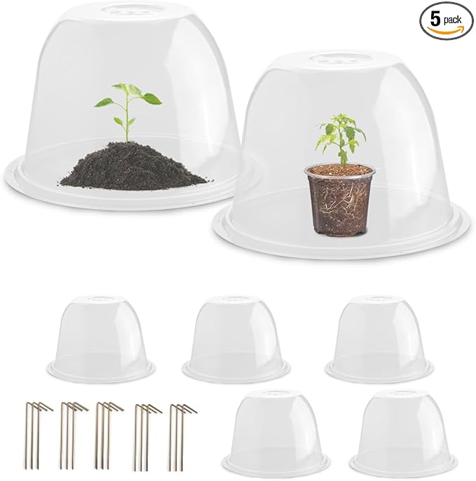 Plant Protectors from Animals 5-Pack, 10" D × 6.7" H Garden Cloches for Seedlings Nursery Pots, Clear Plant Covers, Mini Greenhouse for Plants, Durable Humidity Domes with Ventilation Holes