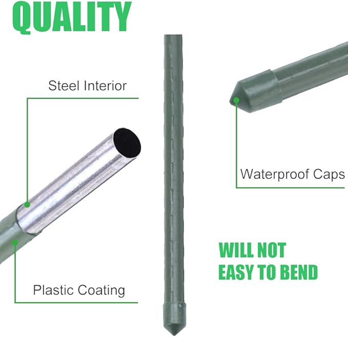 Mininfa Steel Plant Stakes 4 Feet, Plastic Coated Metal Garden Stakes Supports Climbing for Tomatoes, Trees, Beans, 25 Pack