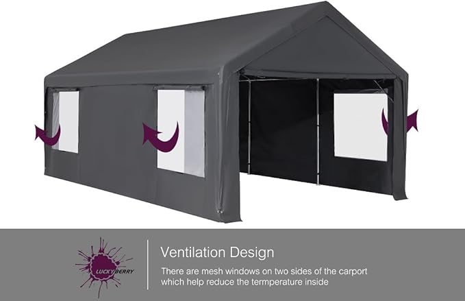 Carport 12'x 20' Portable Garage with Removable Door for Car, Truck, Boat, Car Canopy with All-Season Tarp, Grey