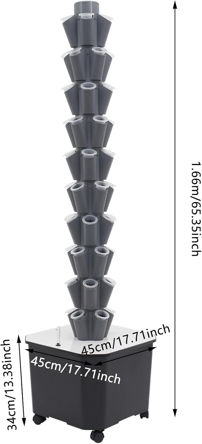 Hydroponics Tower | 10 Layer 50 Plants Indoor Vertical Tower System Kit | Vertical Hydroponic Grow Tower Aeroponic Tower for Herbs | with Pump and 11.89 GAL Water Tank | 4 Wheels | Grey