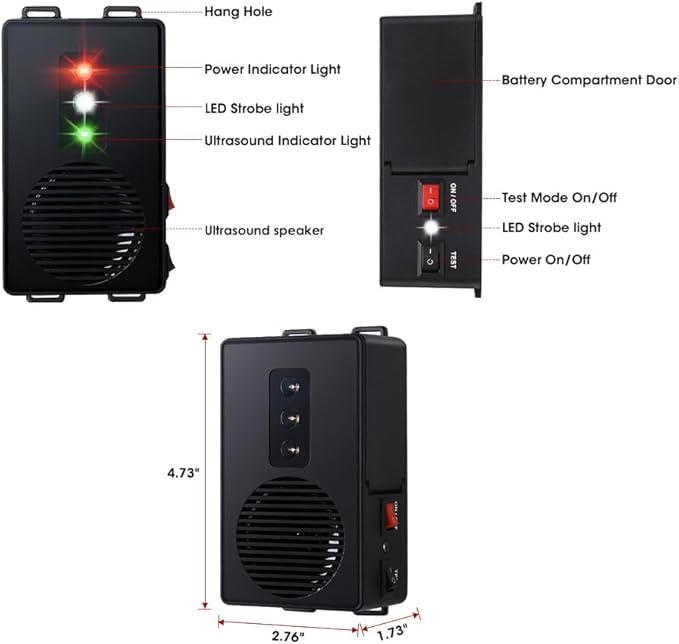 Rodent Repellent for Cars Battery Operated Ultrasonic Mice and Rat Deterrent with LED Flashlights, Wireless Under Hood Animal Repeller Pest Control Device for RV, Truck, and Vehicle Engine Protection