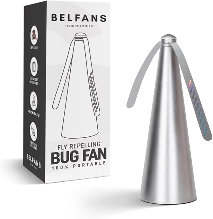 FlyRepellent Fan for Tables – USB Powered/AA Battery Powered, Soundless Fly Swatter with Holographic Blades – Portable Fly Fan for Bees, Wasps & Outdoor Use (1, Silver)