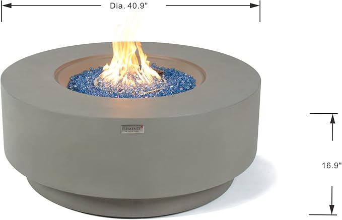 Elementi+ | Colosseo Gas Fire Pit Cast Concrete 40" Dia. Round Fire Table, Outdoor Fire Pit Electronic Ignition | Canvas Cover, Fire Glass and Burner Lid Included | Light Gray | Natural Gas