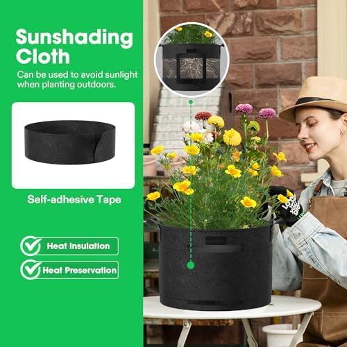 VIVOSUN 3-Pack 10 Gallon Visible Potato Grow Bags, 320G Thick Nonwoven Fabric Pots with Strap Handles, Shade Cloth & 10 Pcs Plant Labels for Flowers, Vegetables