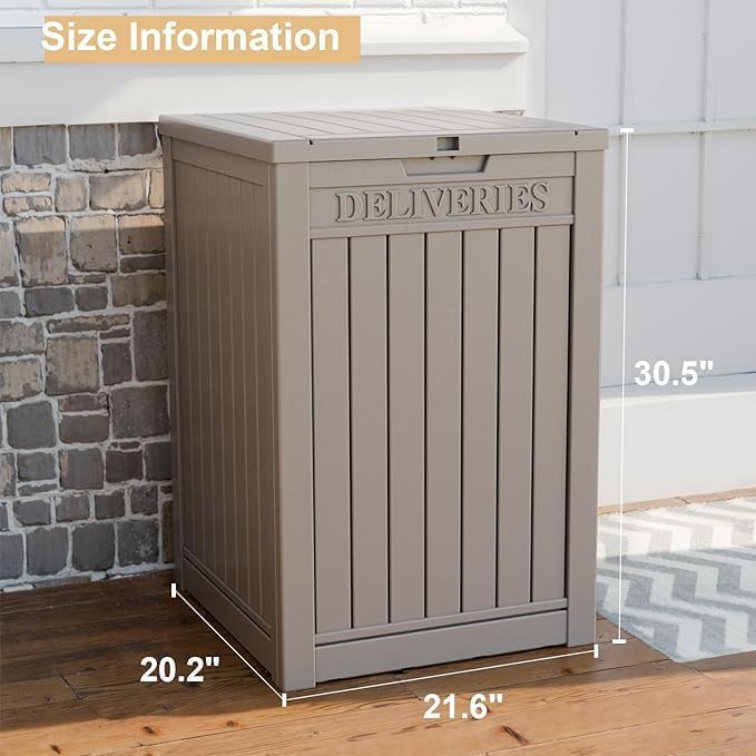 48 Gallon Resin Package Delivery Box - Rust & Moisture Resistant, Lockable, Waterproof Deck Box for Porches, Patios, Indoor & Outdoor Use(Grey,48GAL)