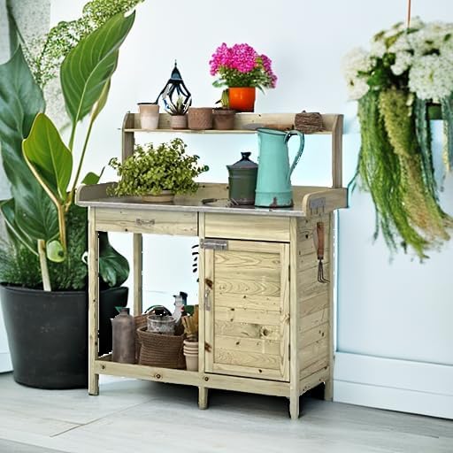 ARNOT Potting Bench,Outdoor Potting Bench Table with Sink and Storage Shelves, Wooden Garden Workstation for Gardening Tools, Planting, and Repotting – Natural Fir Wood (44” x 18” x 49.5”)