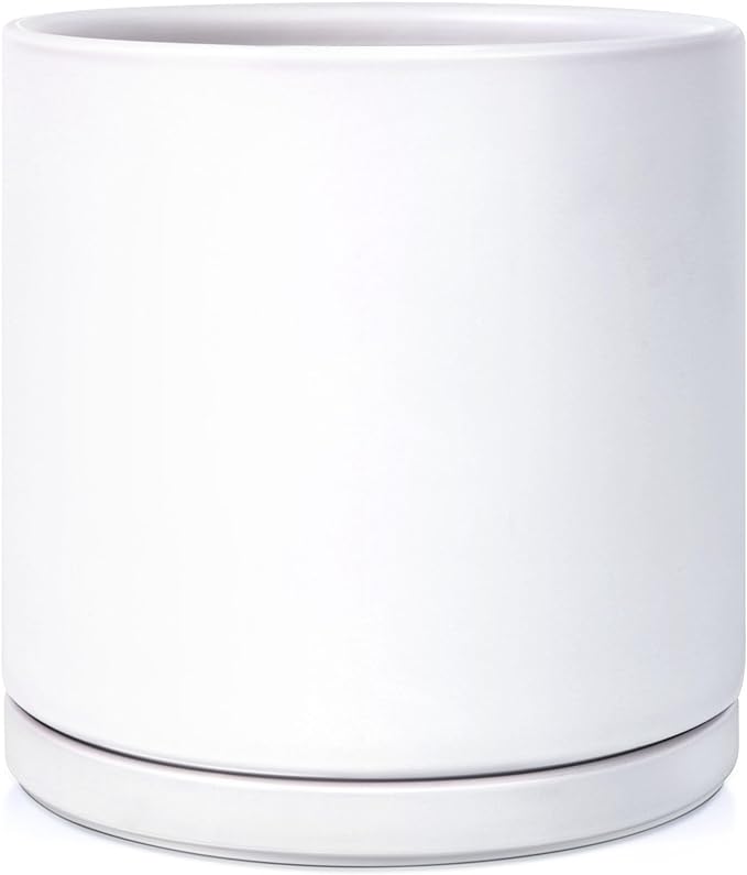 Kazeila Plant Pots Ceramic Planter for Indoor Outdoor Plants Flowers 10 Inch Matte White Large Cylinder Flower Pot with Saucer and Drainage Hole,Glazed Finish Interior and Exterior