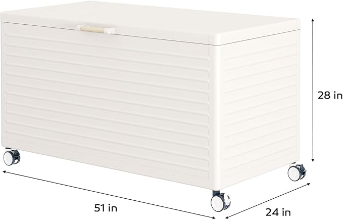 134 Gallon Outdoor Storage Box Waterproof with Wheels, Metal Deck Box for Patio Furniture, Garden Tools, Outdoor Cushion, Latte