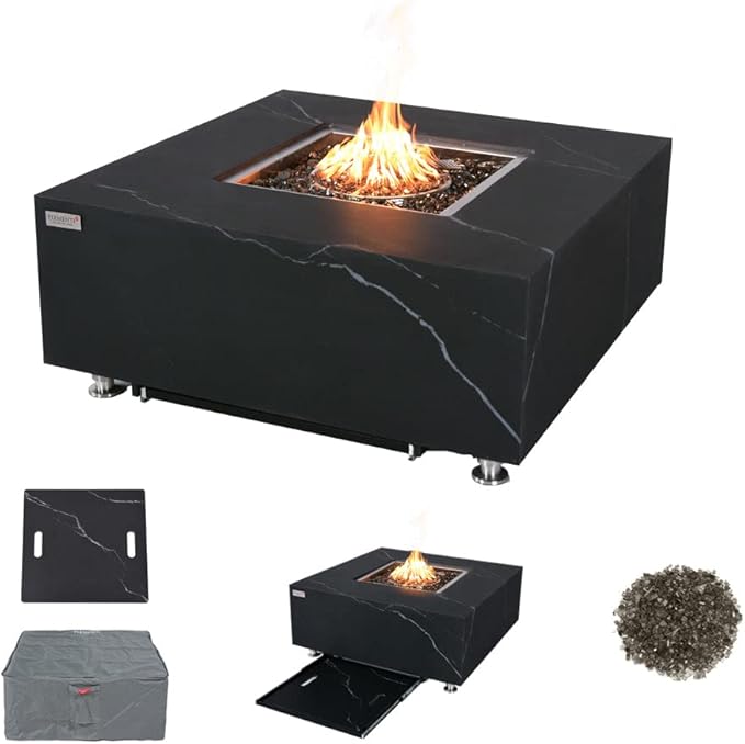 Sofia Marble Fire Pit 39.4" x 39.4" Outdoor Patio Firepit Includes Fire Glass Modern Fire Pits & Outdoor Fireplaces for Garden, Deck, Indoor & Outdoor Heating