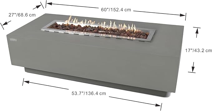 Elementi Granville Gas Fire Pit Cast Concrete Fire Table, Outdoor Fire Pit Electronic Ignition | Canvas Cover, Lava Rock Included | Free AMS Wind Guard | Light Gray (Natural Gas)