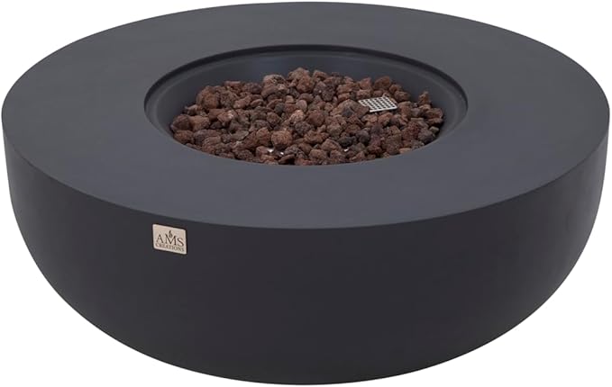 AMS Creations | Eclipse 44" Round Cast Concrete Natural Gas Fire Pit Bowl Table | Dark Gray | Smooth Texture Surface | Electronic Ignition | Outdoor Patio Heater Outside Backyard Fireplace