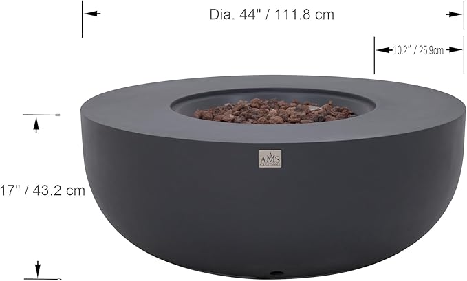 AMS Creations | Eclipse 44" Bundle Round Cast Concrete Natural Gas Fire Pit Bowl Table | Dark Gray | Smooth Texture Surface | Electronic Ignition | Outdoor Patio Heater Outside Backyard Fireplace