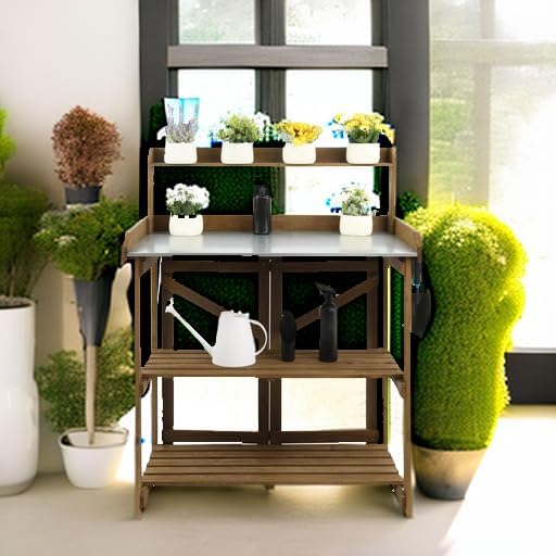 Folding Garden Potting Bench Table,Outdoor Wooden Work Station W/Metal Table Top,2 Tier Open Storage Rack,Top Shelf-Natural Stained