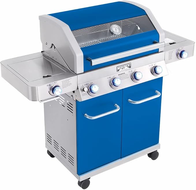 Monument Grills Larger 4+2 Burner Propane Gas Grills Stainless Steel Cabinet Style with Clearview® Lid, Knob Controls, Built-In Thermometer, Infrared Side Sear Burners & Side Burners, Blue