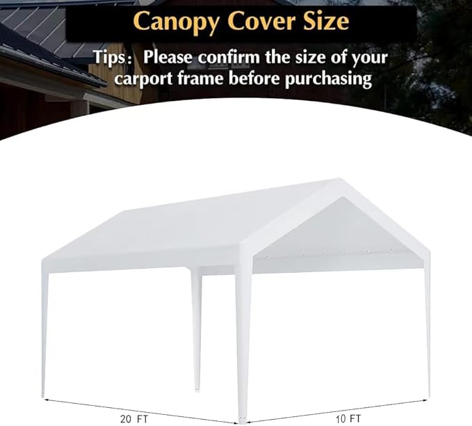 Carport Replacement Canopy, Replacement Top Cover for 10' x 20' Carport Frame, 180G PE Fabric Waterproof & UV Protected Tarp with Ball Bungees, White (Only Top Cover, Frame is not Included)