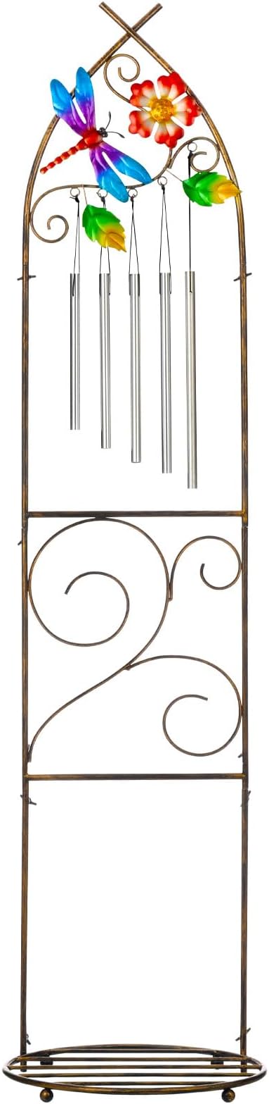 Plant Stands with Garden Trellis, 48” Metal Standing Wind Chimes Plant Pot Trellis with Dragonfly for Garden Patio Backyard Climbing Plants Outdoor Decor