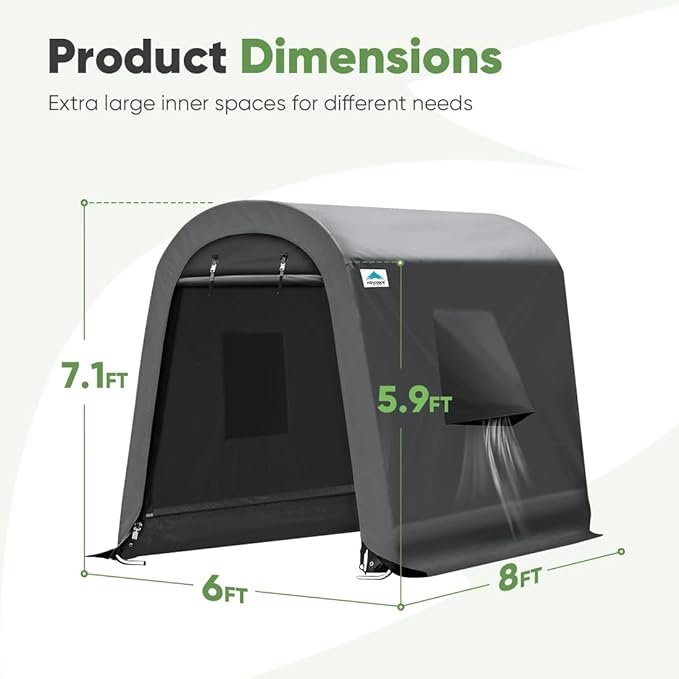 ADVANCE OUTDOOR 6x8 ft Shelter Storage Shed Steel Metal Round Peak Roof Portable Garage Carport for Motorcycle, Boat, or Garden Tools with 2 Roll up Doors & Vents, Gray