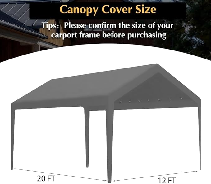 Carport Replacement Canopy, Replacement Top Cover for 12' x 20' Carport Frame, 180G PE Fabric Waterproof & UV Protected Tarp with Ball Bungees, Grey (Only Top Cover, Frame is not Included)