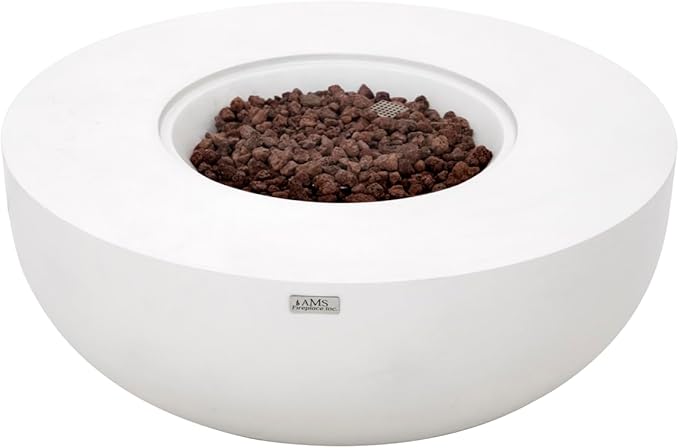 AMS Creations | Eclipse 44" Round Cast Concrete Natural Gas Fire Pit Bowl Table | Cream White | Smooth Texture Surface | Electronic Ignition | Outdoor Patio Heater Outside Backyard Fireplace