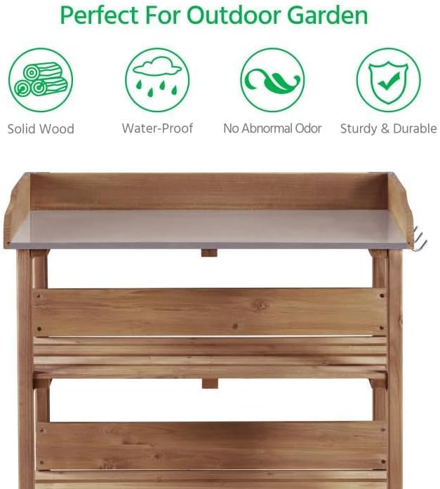 Yaheetech Outdoor Garden Potting Bench Table, Wooden Horticulture Planting Worstation w/Metal Tabletop/Storage Shelf/3 Hooks, Brown