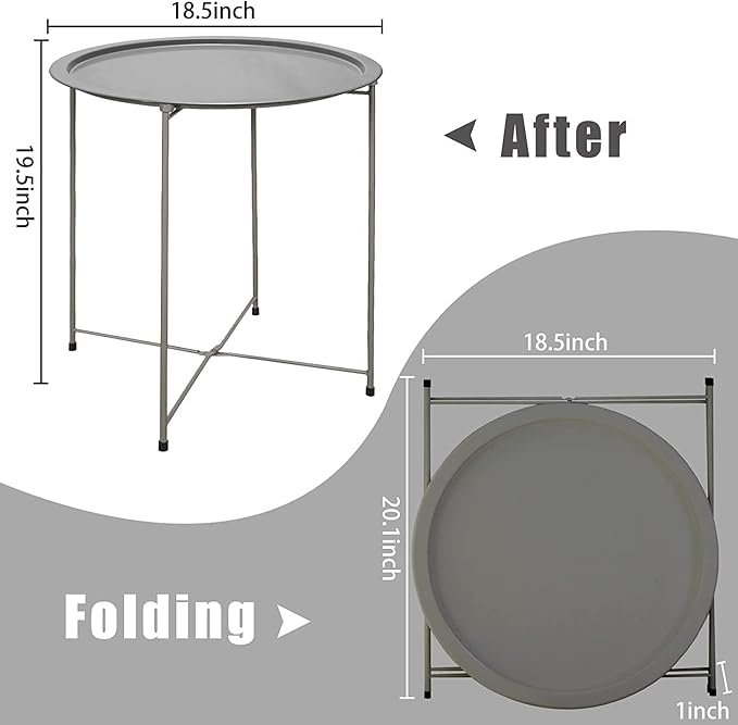 Garden 4 you Folding Tray Metal Side Table 2PC Grey Round End Table Cyan Sofa Small Accent Fold-able Table, Round End Table Tray, Next to Sofa Table, Snack Table for Living Room and Bed Room