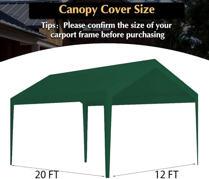 Carport Replacement Canopy, Replacement Top Cover for 12' x 20' Carport Frame, 180G PE Fabric Waterproof & UV Protected Tarp with Ball Bungees, Green (Only Top Cover, Frame is not Included)