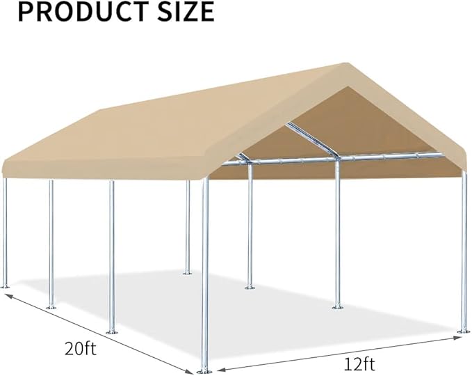 12'x20' Upgraded Carport Replacement Top Canopy Cover for Car Garage Shelter Tent Party Tent with Ball Bungees Beige (Only Top Cover, Frame is not Included)