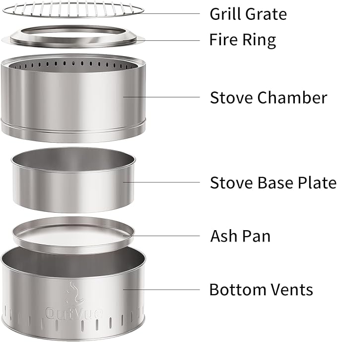 15.5 inch Stainless Steel Smokeless Fire Pit with Grill, Outdoor Smokeless Firepit, Wood Burning Fire Pits for Camping, Bonfire, Low Smoke Firepit for Outside (Vertical Hole)