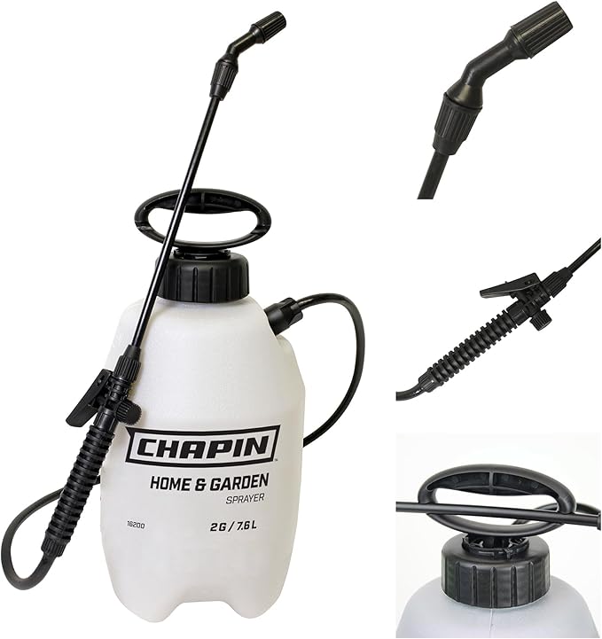 Chapin 16200 2-Gallon Made in USA Garden Pump Sprayer with Ergonomic Handle, Trigger Shut Off, Adjustable Cone Nozzle and in-Tank Filter, for Spraying Weeds, Insects, Fertilizers, Translucent White