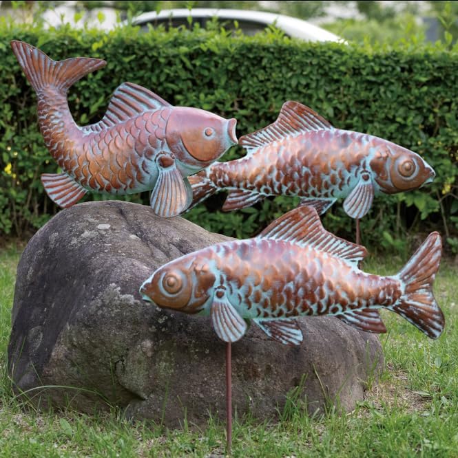 Set of 3 Garden Koi Fish Statue Antique Copper Fishes Outdoor Décor Garden Sculptures & Statues Metal Koi Fish Figurine Ornaments for Outdoors,Patio Decor,Backyard and Home Kitchen Decorations