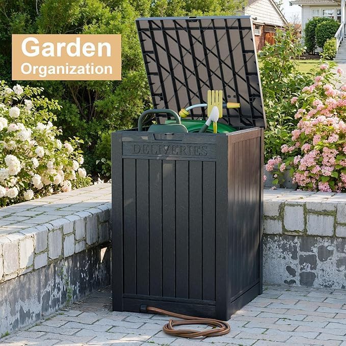 48 Gallon Resin Package Delivery Box - Rust & Moisture Resistant, Lockable, Waterproof Deck Box for Porches, Patios, Indoor & Outdoor Use (Blcak, 48 GAL)