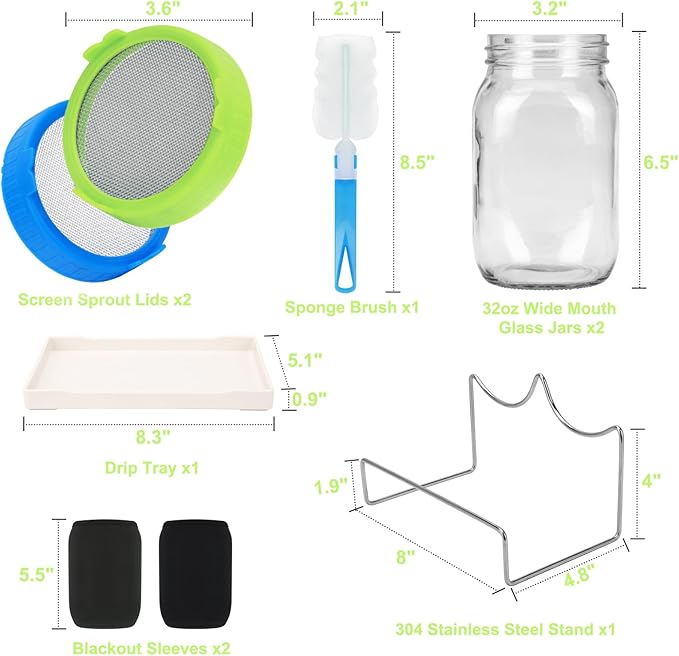 Lulonpon Sprouting Kit, 2 Sprouting Jar Kits, Wide Mouth Quart Mason Jars with Stainless Steel Screen Sprout Lids,1000ml Sprouts Growing Kit, Seed Sprouter Set for Growing Broccoli, Bean, Alfalfa 