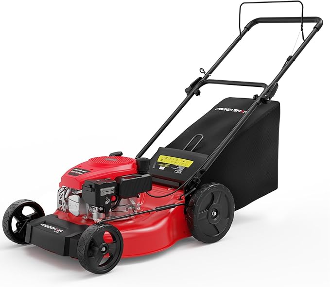 PowerSmart Gas Push Lawn Mower 21-inch 144cc 4-Stroke Engine with Easy Adjustable Cutting Height, High Wheels, 2-in-1 with Mulching, Rear Bagger