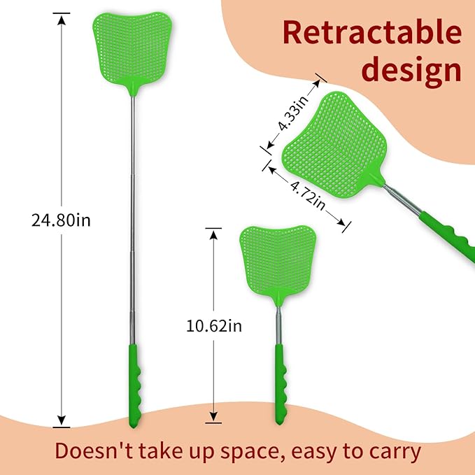Fly Swatters 2 Pack Green, Durable Telescopic Stainless Steel Handle, Heavy Duty Upgraded Plastic Fly Swatter Set for Indoor Outdoor Home Hiking Camping Garden
