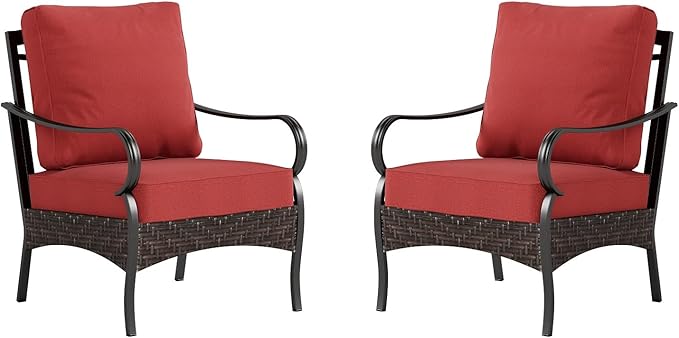 Sophia & William Extra Large Outdoor Patio Sofa Chairs Set 2 PCS Heavy-Duty Porch Furniture with High Back & Deep Seating Area, 5.5" Thicken Cushions for Deck, Lawn, Outside (Red)