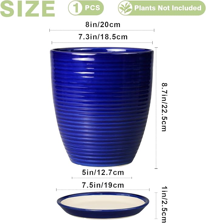 Round Ceramic Planter - Modern 8 Inch Plant Pot with Drainage Hole and Tray for Flower Indoor Outdoor Garden Decor Blue