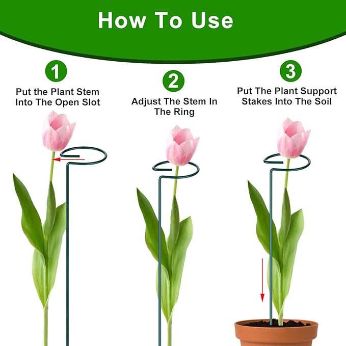 6 Pack Plant Support Stakes, 16 inch Plant Rings with 50 Pcs Plant Twist Ties, Single Stem Plant Support Stakes for Plant Flowers, Amaryllis, Rose, Orchid, Peony, Lily, Tomatoes, Vegetable