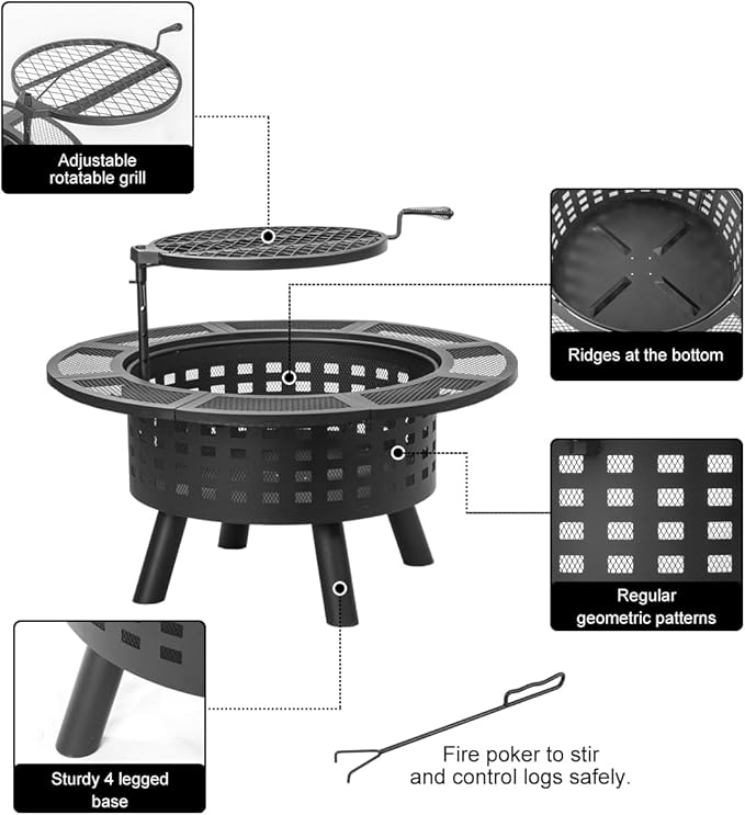36 inch Outdoor Fire Pit with Grill,Wood Burning Firepits for Outside with Lid & Fire Poker,Metal 3-in-1 Fire Pit Table with Cooking Grate,Outdoor Fireplaces for Bonfire,Yard,BBQ(Jet Black)
