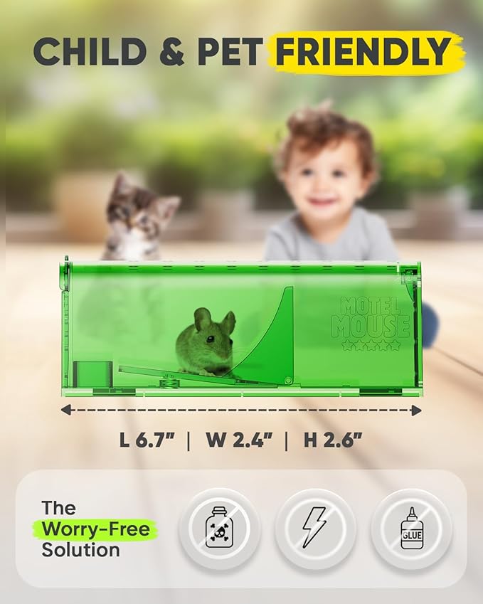 Motel Mouse Humane Mouse Traps No Kill Live Catch and Release 4 Pack - Reusable, Easy to Use & Clean, No Touch Release, Sensitive Includes Cleaning Brush, Instruction Manual & Video - Mousetrap Indoor