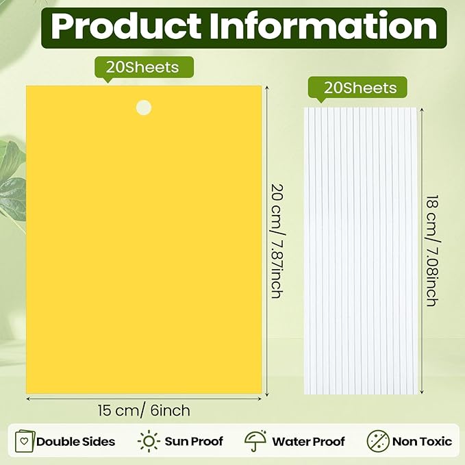Qualirey 20 Pcs 6 x 8 Inch Sticky Traps for Plant Double Sided Sticky Trap for Gnats with Twist Ties Fly Traps for Fruit Insect Fungus Bugs Indoor Outdoor (Yellow)
