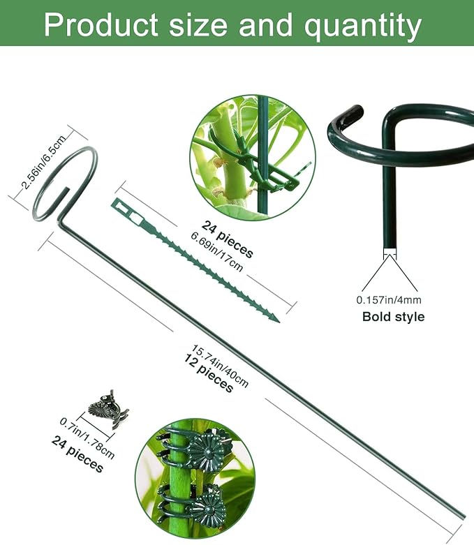 Plant Stake Support - 12 Pack, Garden Single Stem Support Stake Plant Cage Support Rings, Plant Support Stakes for Indoor Plants,for Flowers Phalaenopsis Rose (15.74 inch)